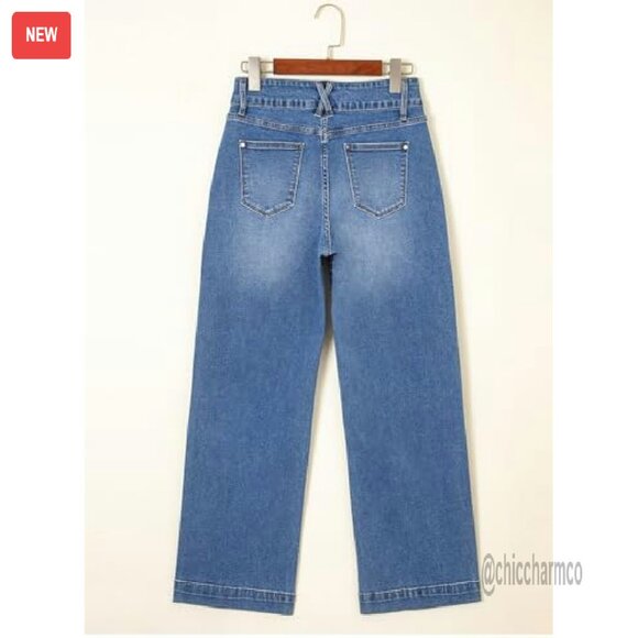 High Waisted Wide Leg Straight Jeans Stretch Denim Tummy Control - Picture 7 of 7
